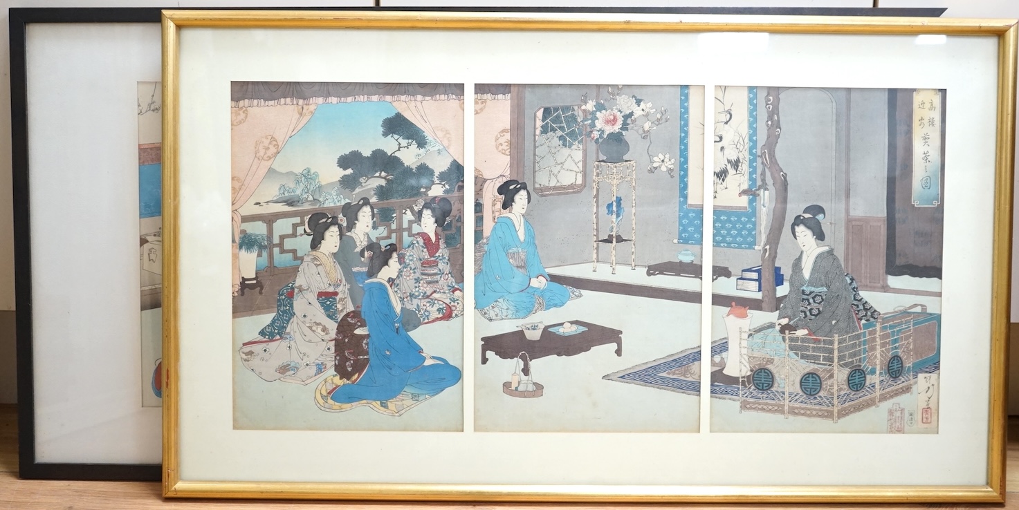Yoshu Chikanobu (1838-1912), Life of court ladies, Japanese woodblock print together with Toshikata (1866-1907), Japanese tryptych woodblock print, largest 33 x 67cm